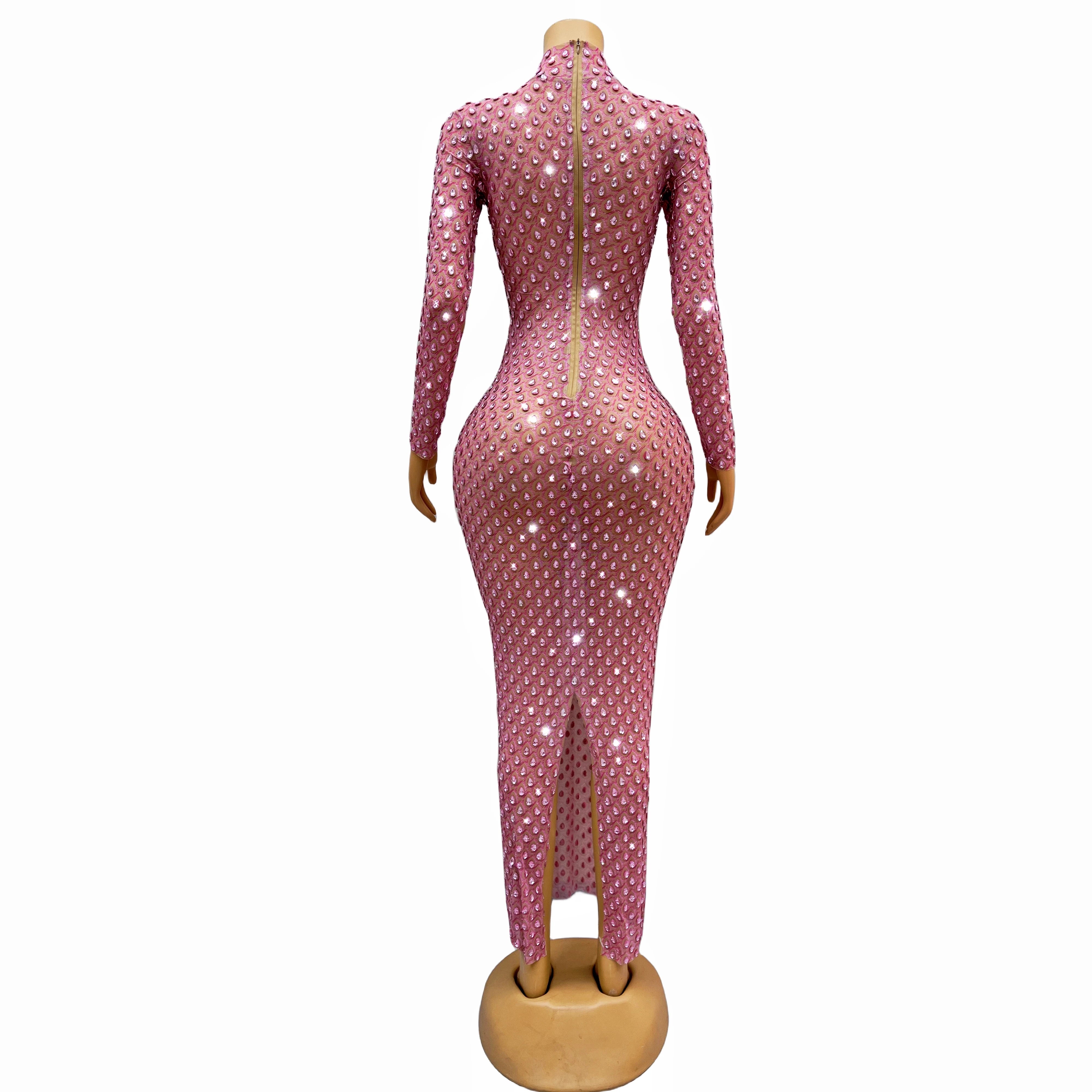 Luxurious Full Pink Stones Dress Evening Birthday Celebrate Rhinestones Outfit Long Sleeves Party Rhinestones Costume