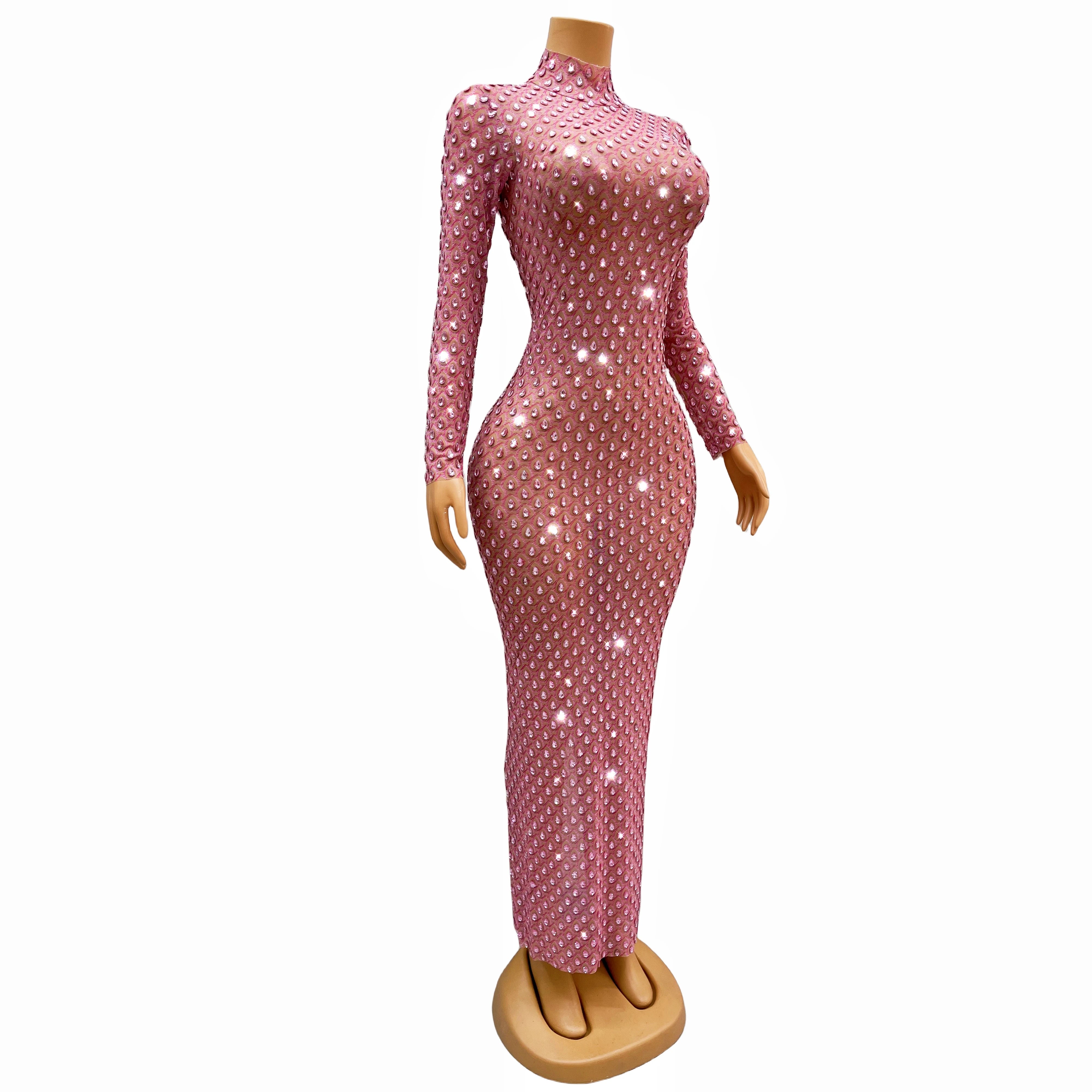 Luxurious Full Pink Stones Dress Evening Birthday Celebrate Rhinestones Outfit Long Sleeves Party Rhinestones Costume