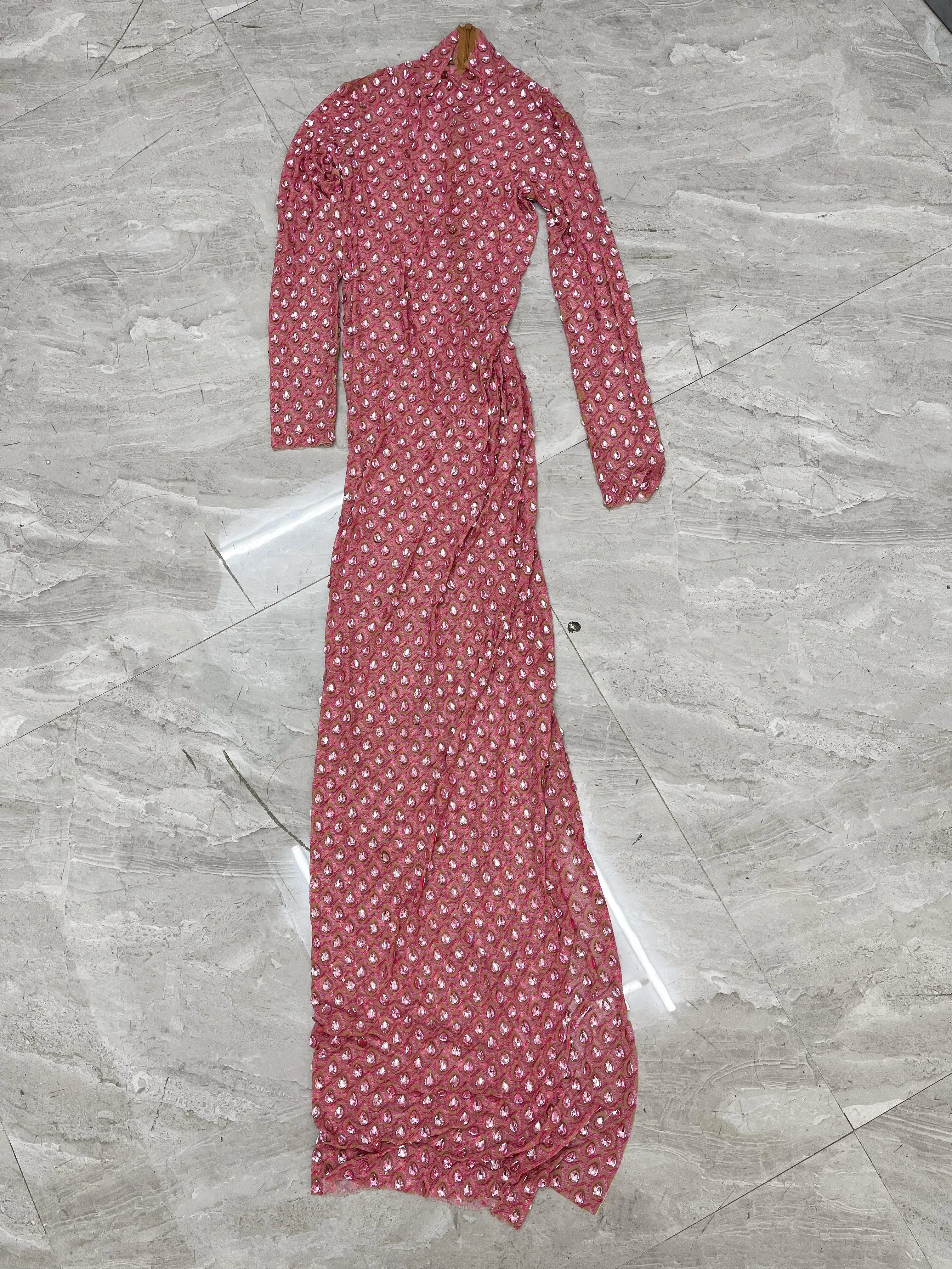 Luxurious Full Pink Stones Dress Evening Birthday Celebrate Rhinestones Outfit Long Sleeves Party Rhinestones Costume