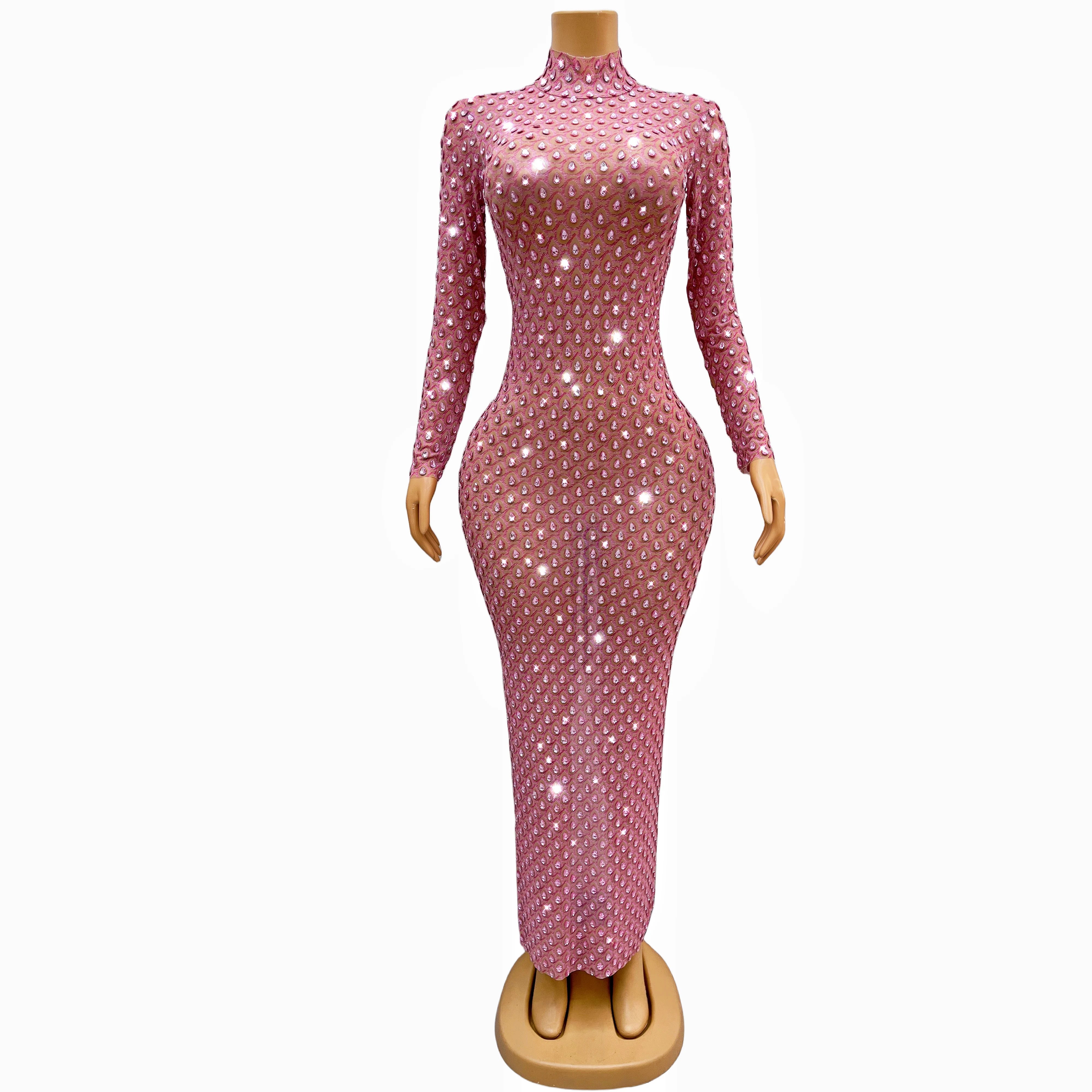 Luxurious Full Pink Stones Dress Evening Birthday Celebrate Rhinestones Outfit Long Sleeves Party Rhinestones Costume