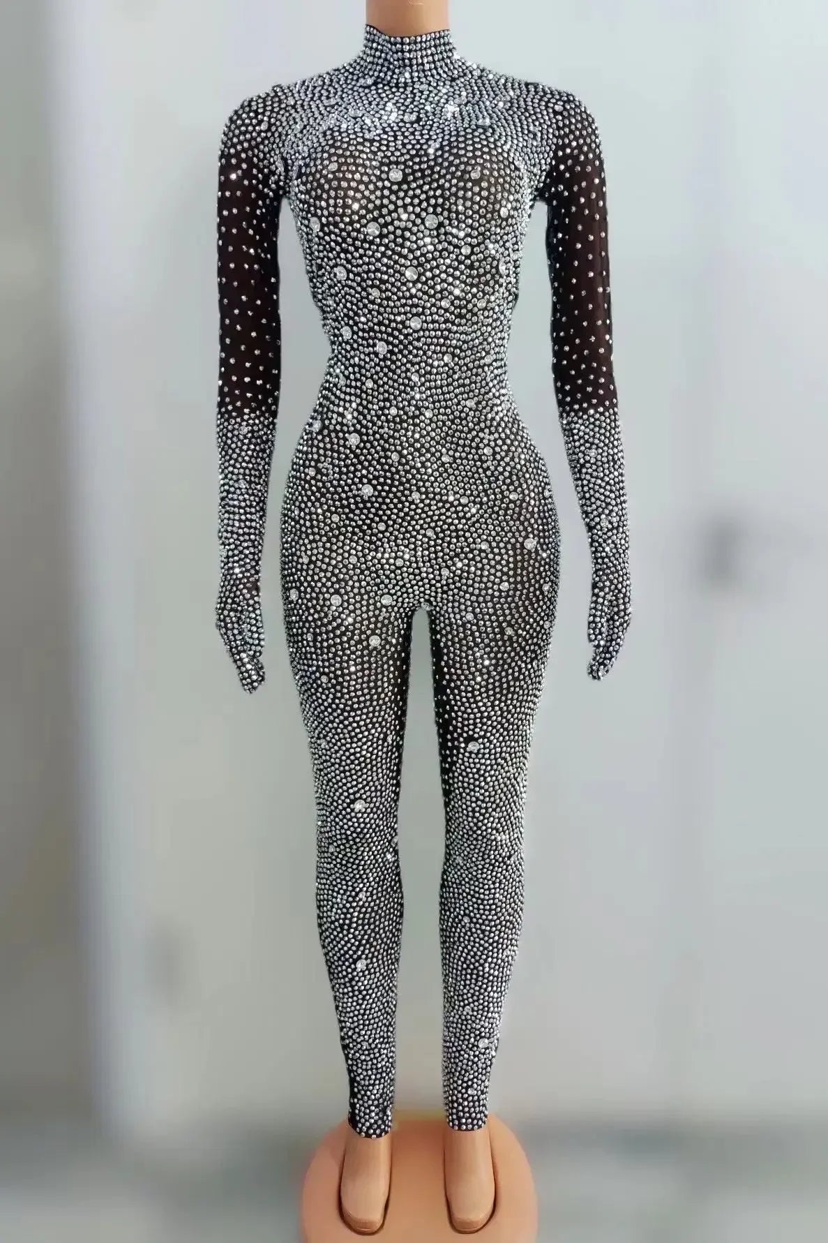 Luxurious Full Rhinestones Jumpsuit Gloves Women Evening Party Birthday Outfit Sexy Mesh Performance Dance Costume Stage Wear