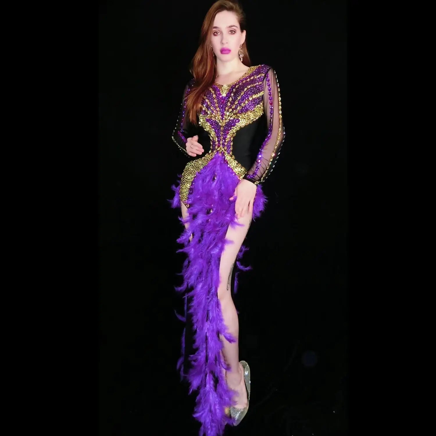 Luxurious Rhinestone Split Purple Feather Dresses Women Backless Birthday Celebrate Evening Prom Gown Singer Stage Costume