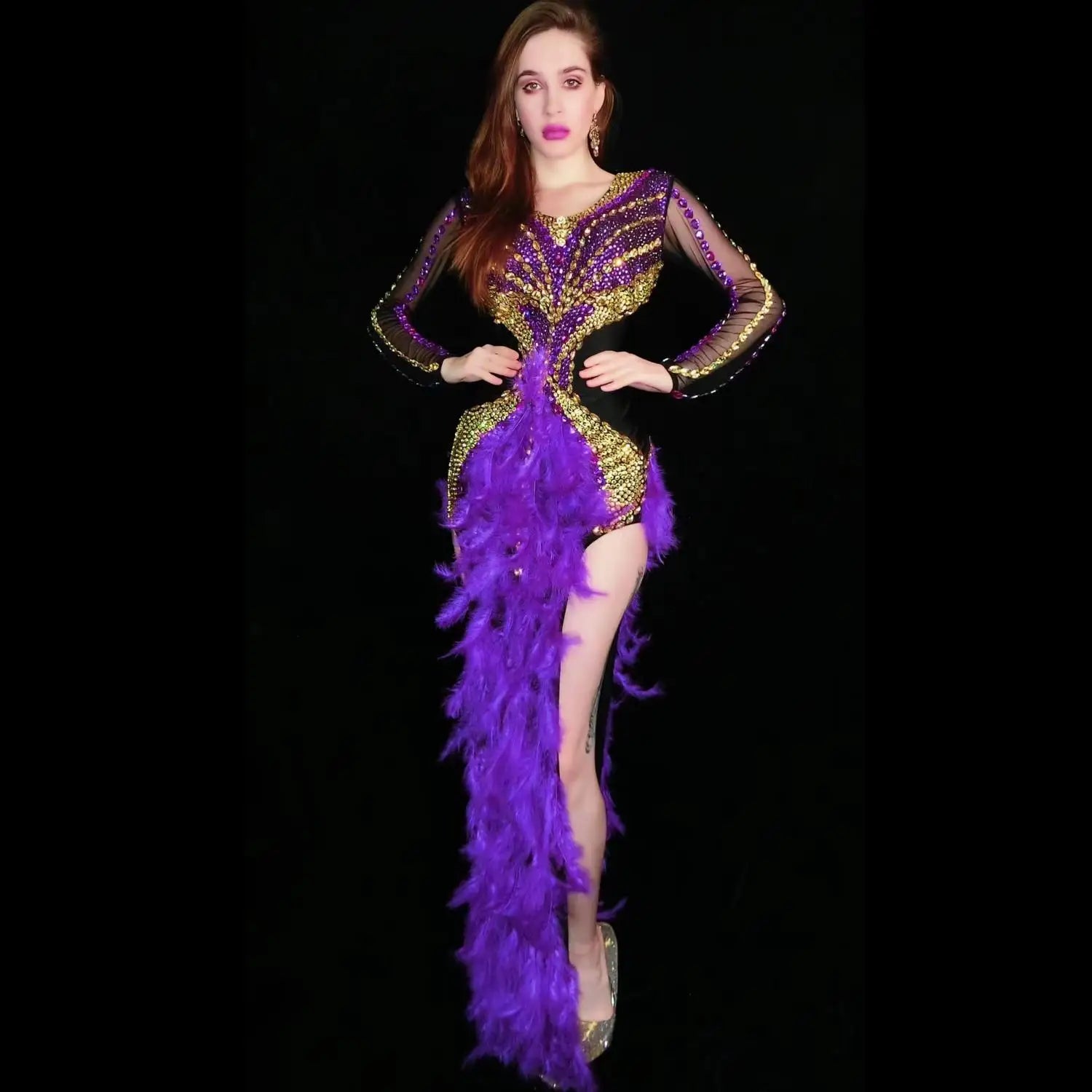 Luxurious Rhinestone Split Purple Feather Dresses Women Backless Birthday Celebrate Evening Prom Gown Singer Stage Costume