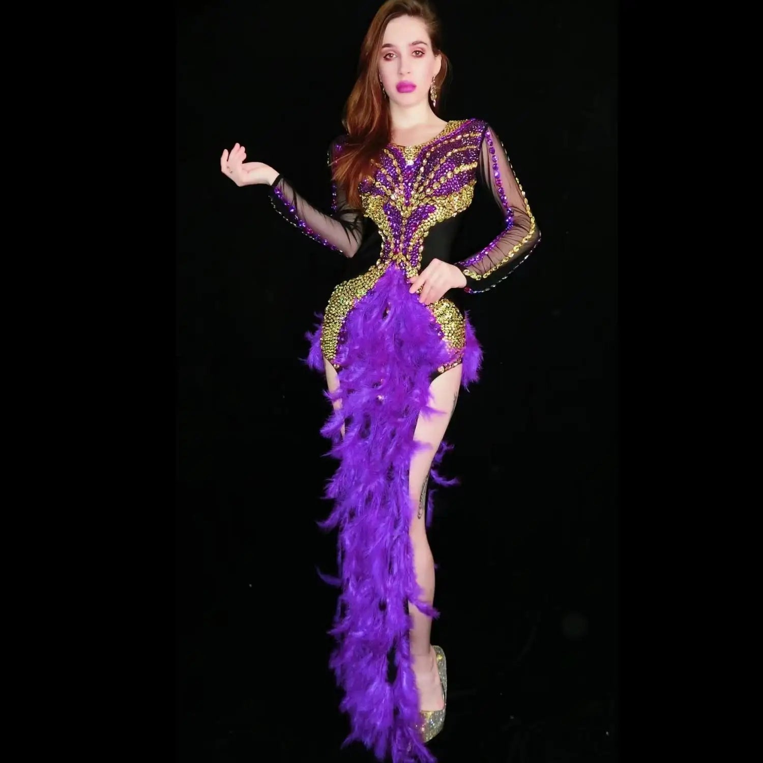 Luxurious Rhinestone Split Purple Feather Dresses Women Backless Birthday Celebrate Evening Prom Gown Singer Stage Costume