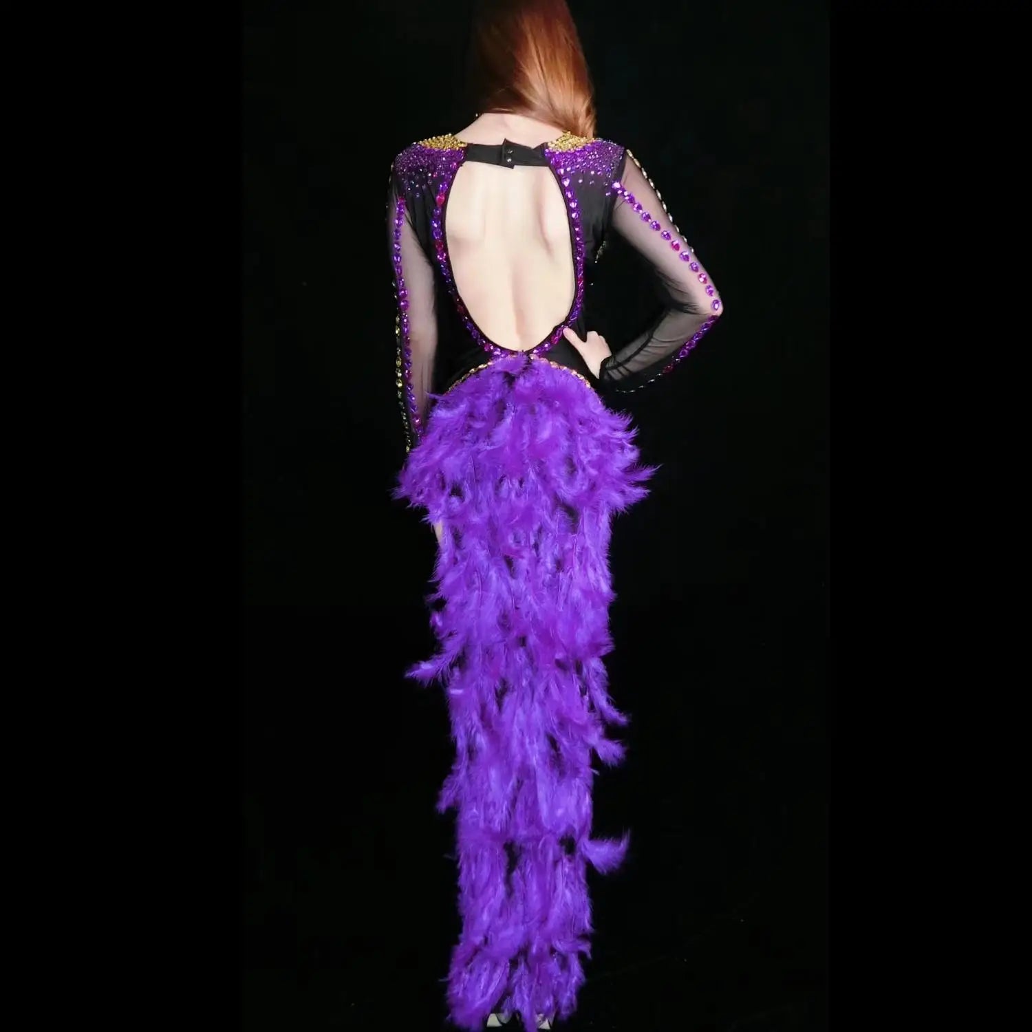 Luxurious Rhinestone Split Purple Feather Dresses Women Backless Birthday Celebrate Evening Prom Gown Singer Stage Costume