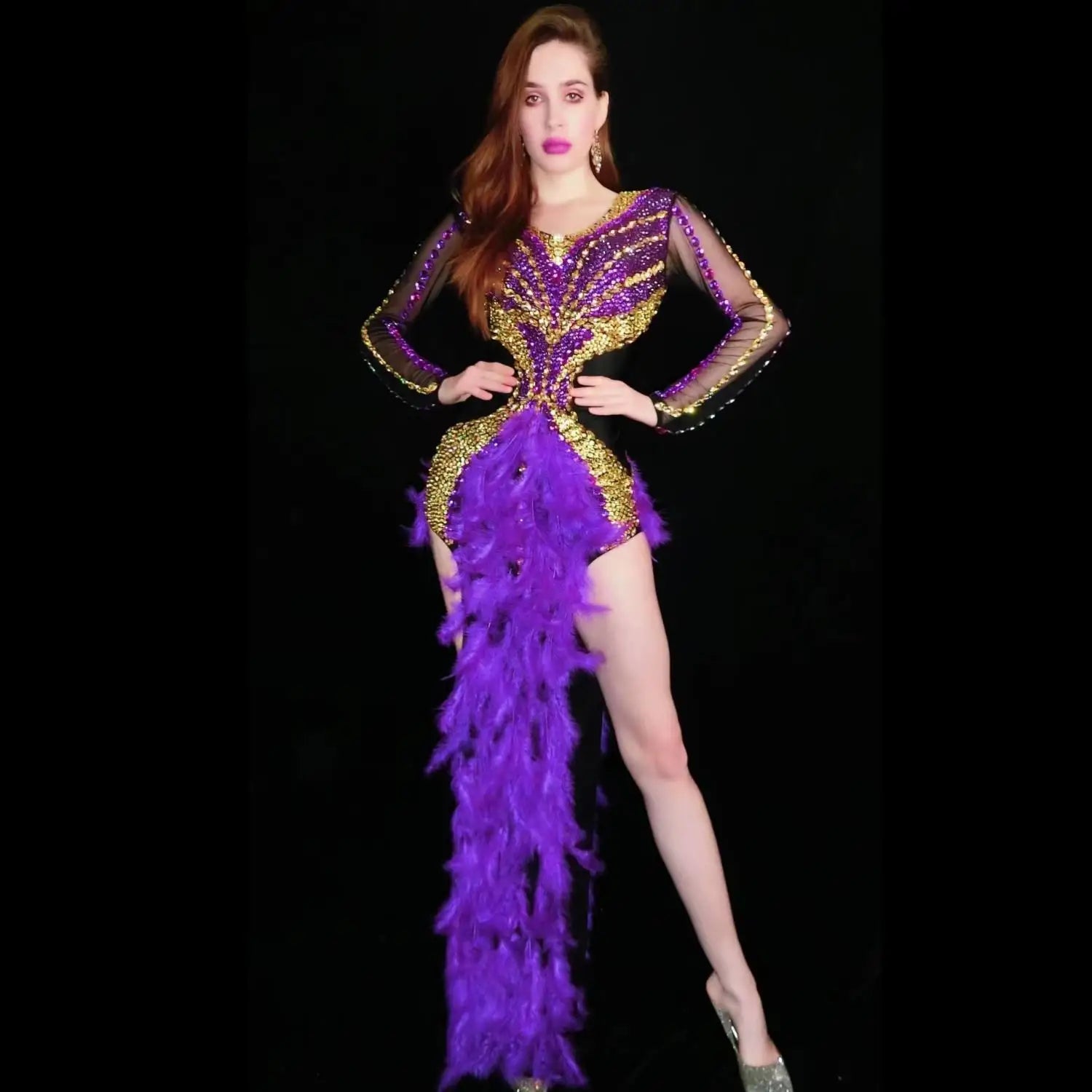Luxurious Rhinestone Split Purple Feather Dresses Women Backless Birthday Celebrate Evening Prom Gown Singer Stage Costume