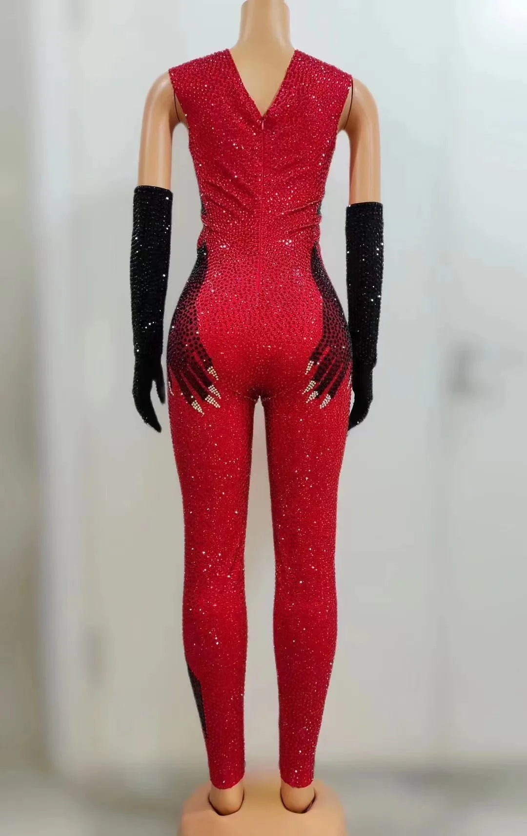 Luxurious Rhinestones Jumpsuit Gloves Set Women Evening Party Birthday Outfit Singer Dancer Performance Dance Costume Stage Wear