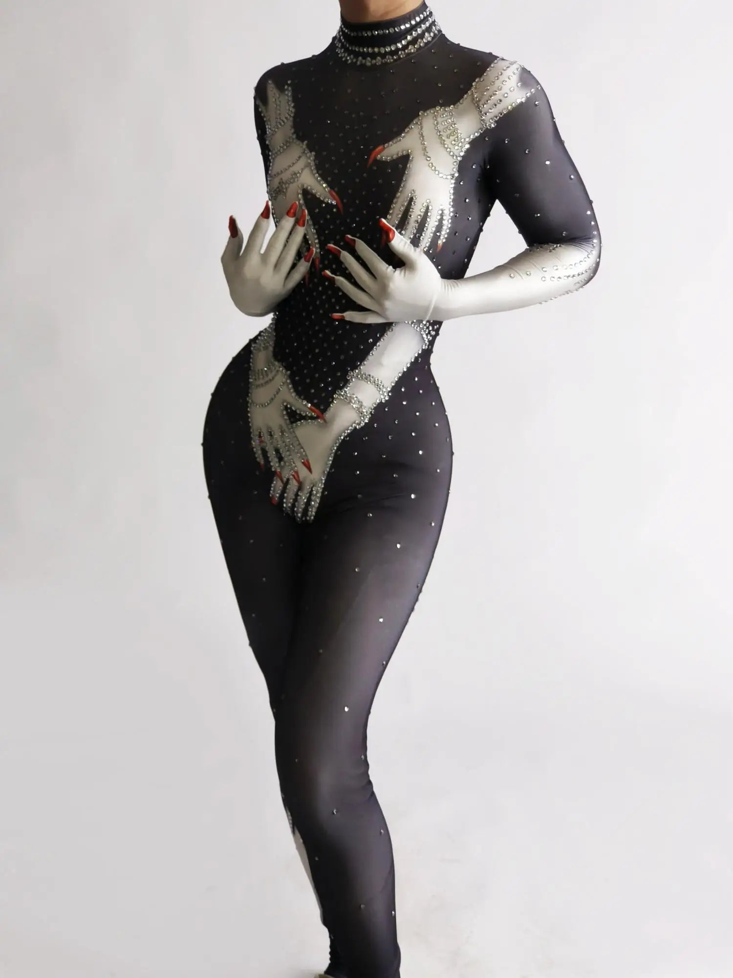 Luxurious Rhinestones Jumpsuit Gloves Women Evening Party Birthday Outfit Pole Dancer Performance Costume Stage Wear Bazhang