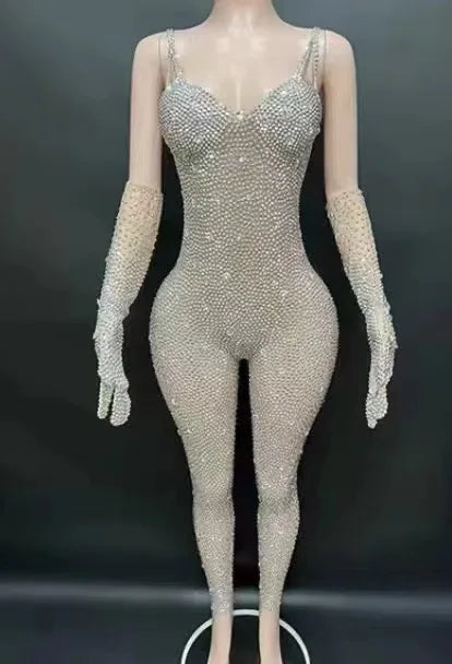 Luxurious Rhinestones Jumpsuit Gloves Women Evening Party Birthday Outfit Sexy Stage Mesh Performance Dance Costume Stage Wear