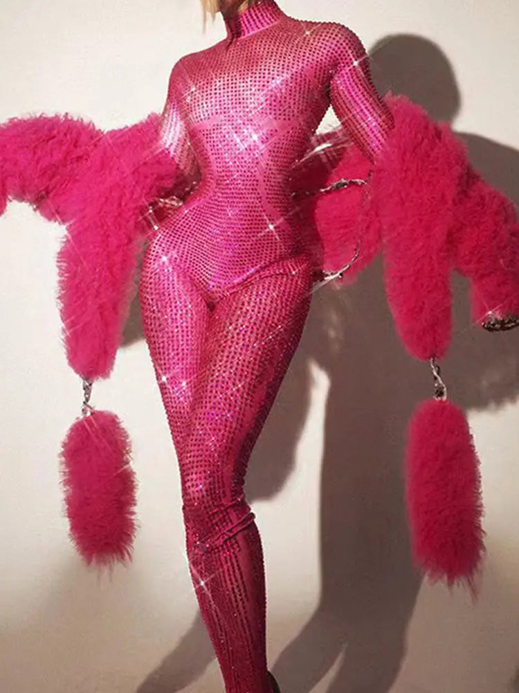 Luxurious Full Rhinestones Jumpsuit for Women Sexy Dance Costume Nightclub Outfit Performance Show Stage Wear Party Rompers