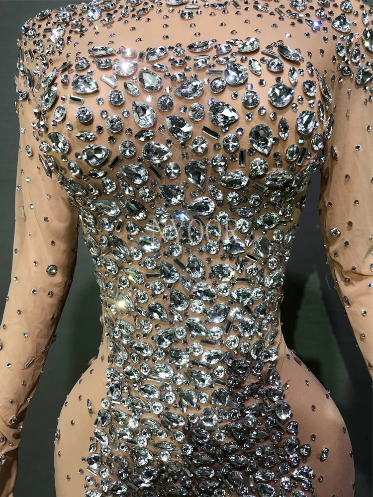 Luxurious Sparkly White Feather Tail Mesh Dress Women Evening Prom Celebrity Party Birthday Wear Singer Stage Costume