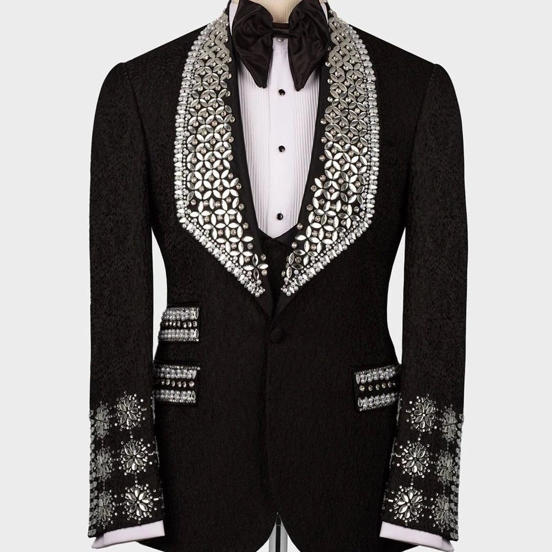 Luxury  Beads Diamonds Sparkly2 Pieces Blazer Vest Men Suits One Button Wide Lapel Formal Prom Wedding Groom Plus Size  Tailored