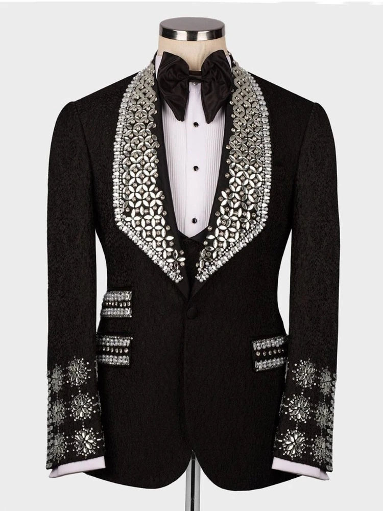 Luxury  Beads Diamonds Sparkly2 Pieces Blazer Vest Men Suits One Button Wide Lapel Formal Prom Wedding Groom Plus Size  Tailored