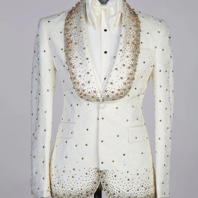 Luxury Blazer Vest 2 Pieces Men Suits One Button Wide Lapel Beads Jacquard Sequins Formal Prom Wedding Groom Pearls Tailored