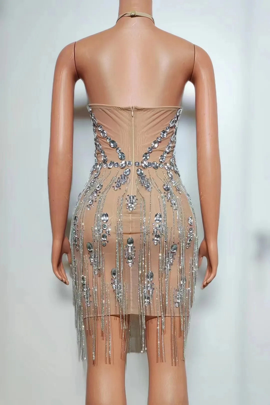 Luxury Crystals Chain Sleeveless Dress Women Nightclub Short Dress Sheer Stretch Drag Queen Outfit Birthday Photoshoot Gowns