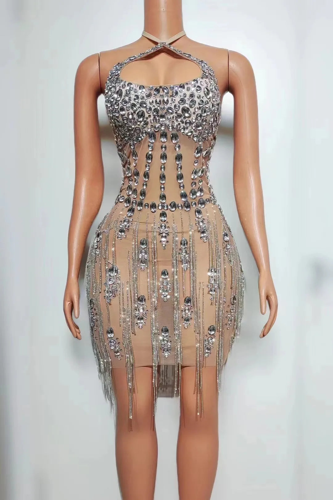 Luxury Crystals Chain Sleeveless Dress Women Nightclub Short Dress Sheer Stretch Drag Queen Outfit Birthday Photoshoot Gowns