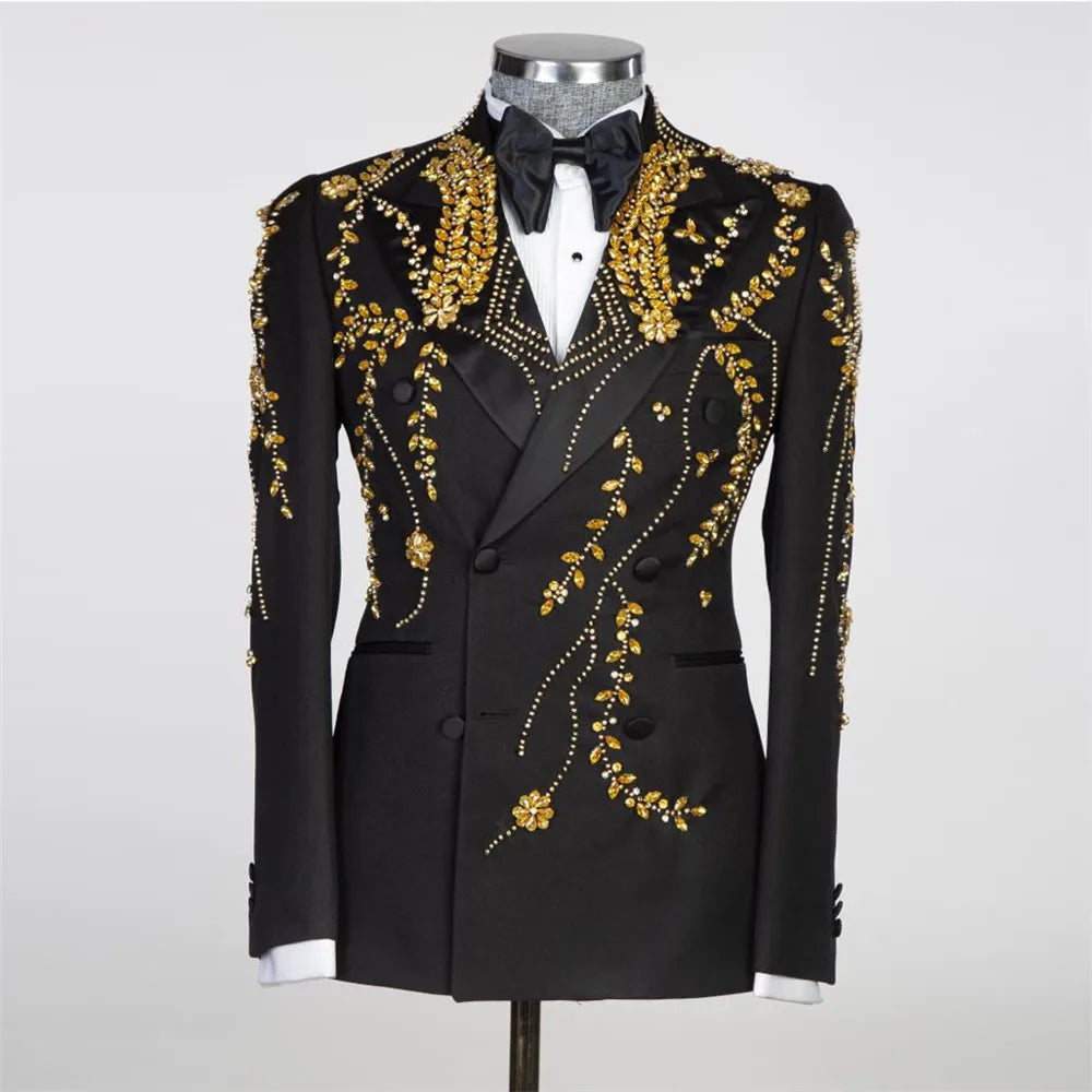 Luxury Gold Beaded Mens Suits For Wedding Slim Fit Black Double Breasted Groom Tuxedos  Tailored Made Man Clothing Costume Homme