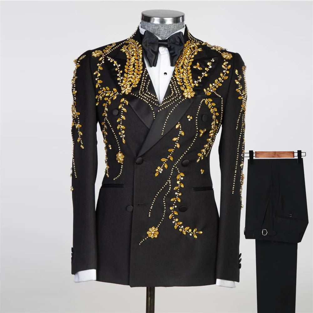 Luxury Gold Beaded Mens Suits For Wedding Slim Fit Black Double Breasted Groom Tuxedos  Tailored Made Man Clothing Costume Homme
