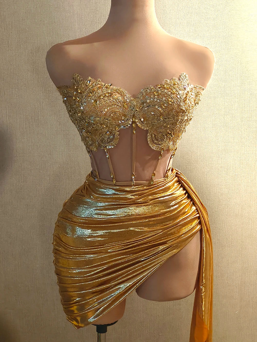 Gold Crystal Corset Two-Piece Mini Dress - detail view 2