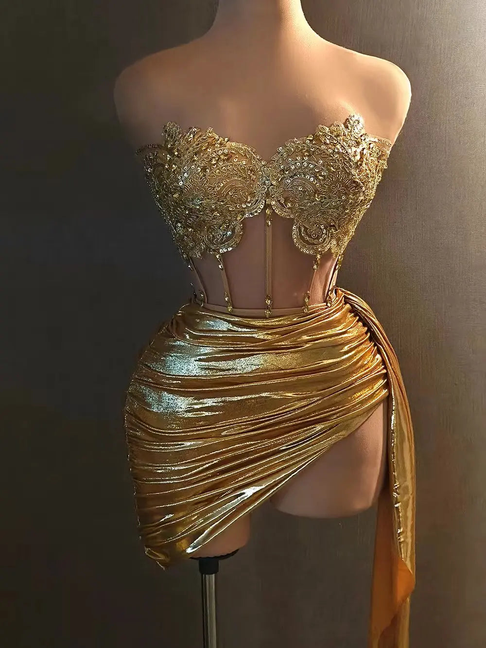 Gold Crystal Corset Two-Piece Mini Dress - detail view 3