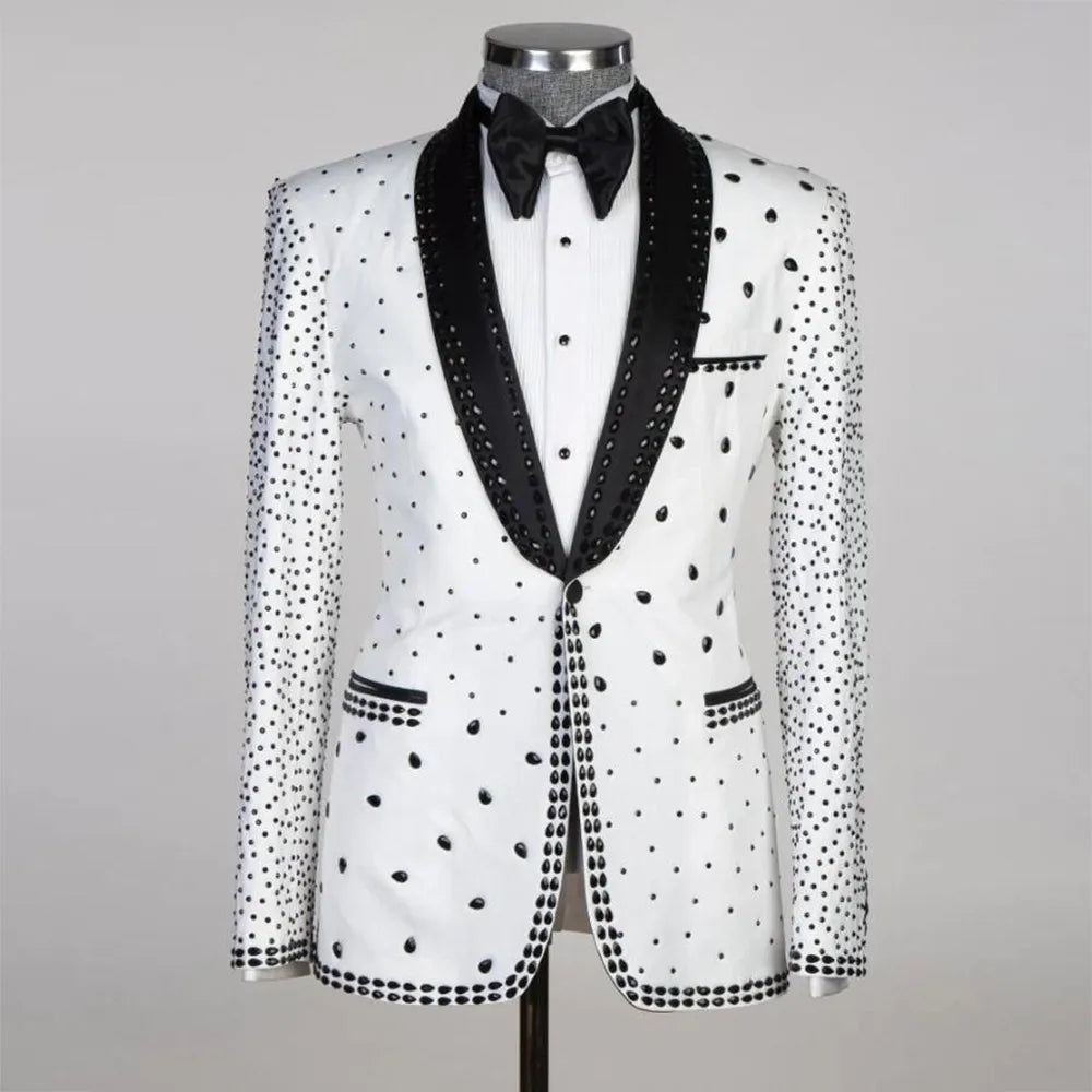 Luxury Groom Wear Wedding Suits for African Black Peaked Lapel Stone Beaded White Men's Tuxedo Tailored Traje Formal Para Hombre