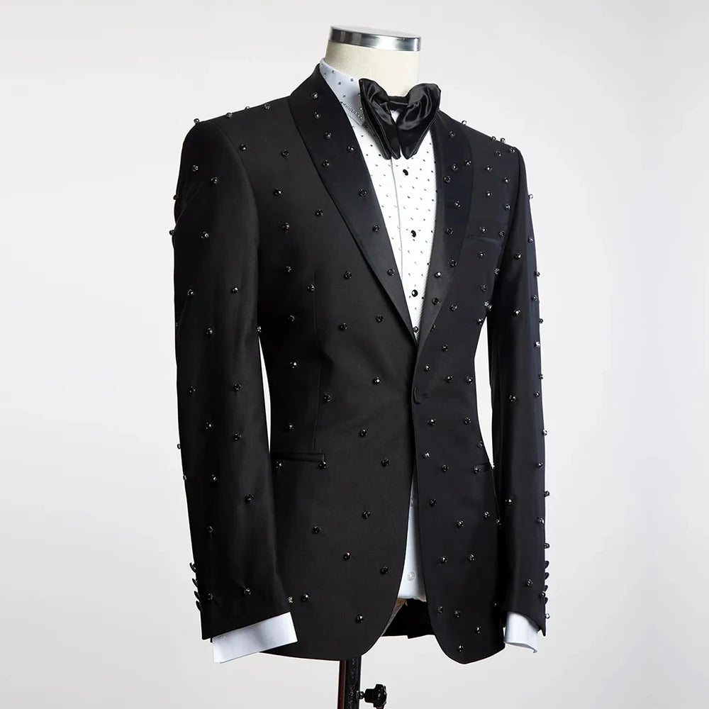Luxury Groom Wear Wedding Suits for Men Gemstone Beaded Prom Blazer Tailor Made Black Single Breasted Man Tuxedo Costume Homme