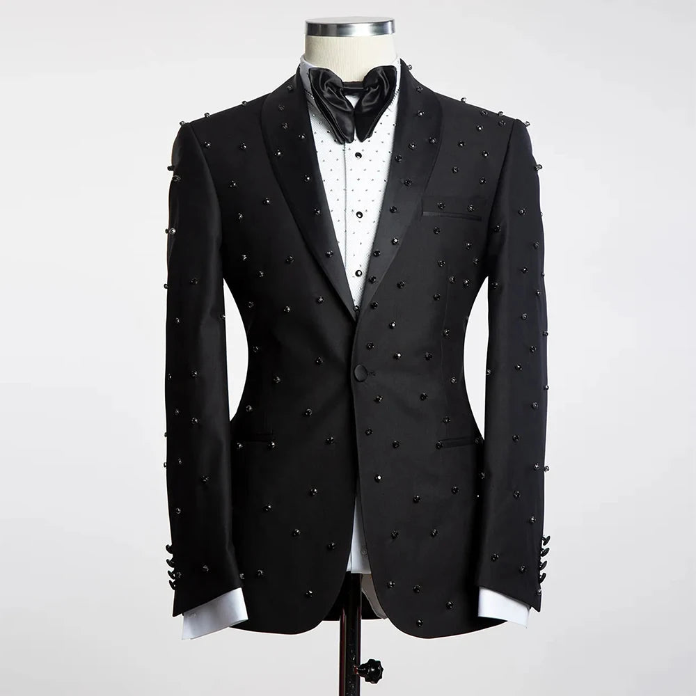 Luxury Groom Wear Wedding Suits for Men Gemstone Beaded Prom Blazer Tailor Made Black Single Breasted Man Tuxedo Costume Homme