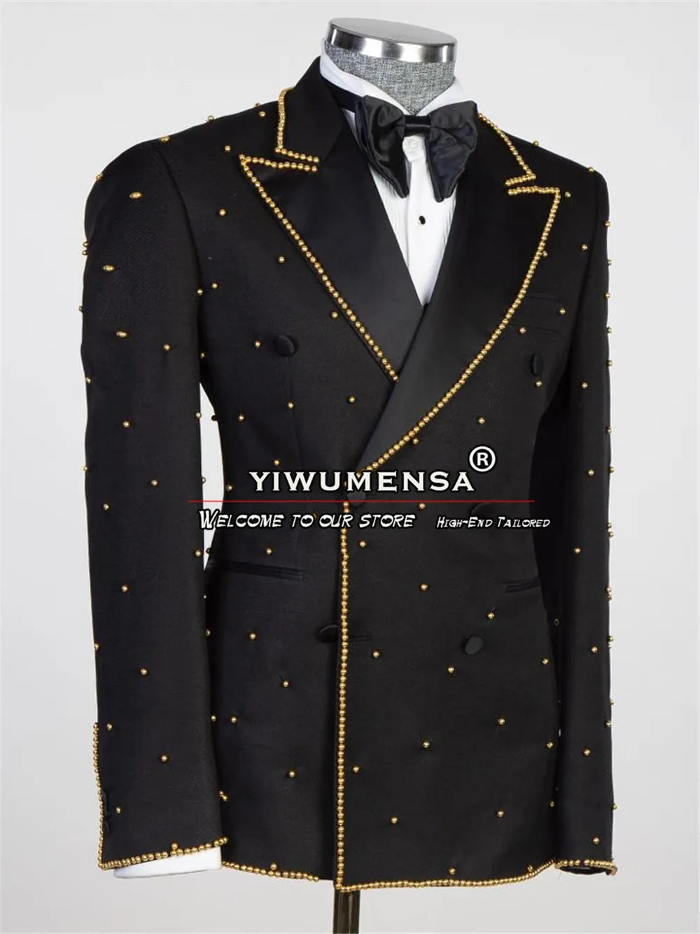 Luxury Groom Wear Wedding Suits for Men Tailore Made 2 Pieces Gold Pearls Prom Men's Blazer Business Banquet Party Man Clothing