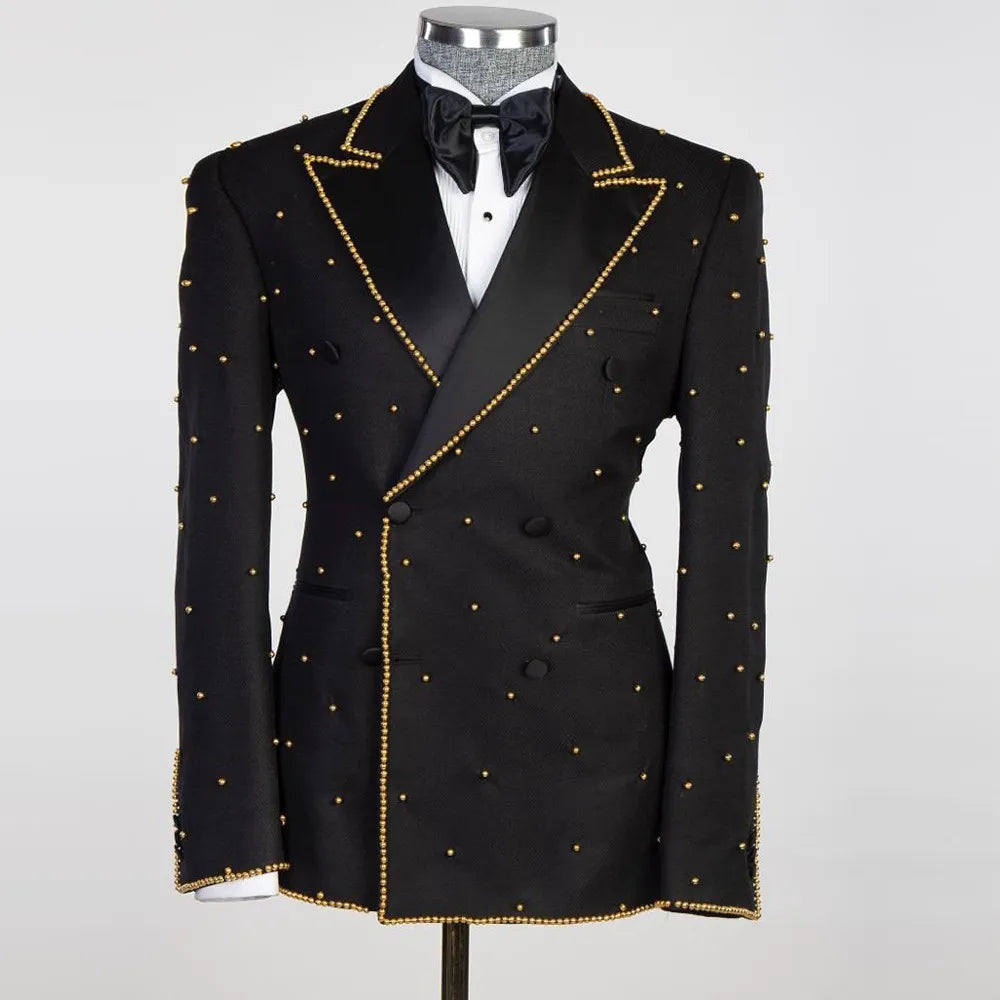 Luxury Groom Wear Wedding Suits for Men Tailore Made 2 Pieces Gold Pearls Prom Men's Blazer Business Banquet Party Man Clothing