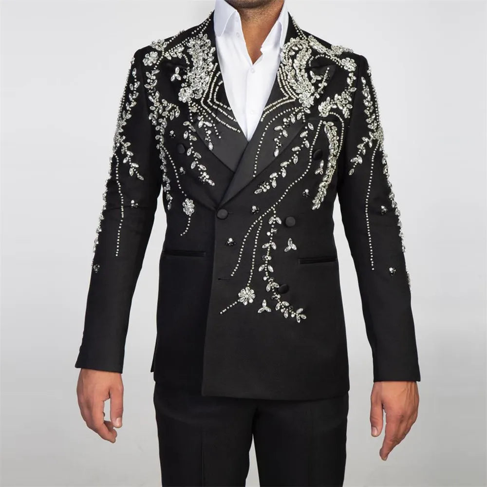 Luxury Groom Wear Wedding Suits Slim Fit Crystals Stone Beaded Prom Blazer Tailored Made Double Breasted Man Dinner Party Dress