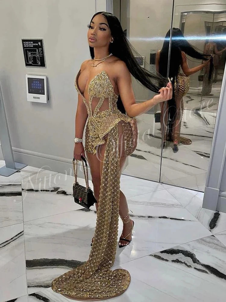 Luxury Illusion Prom Dresses for Woman Floor-Length Asymmetrical with Lace Sequin Formal Occasion Party Evening Elegant New