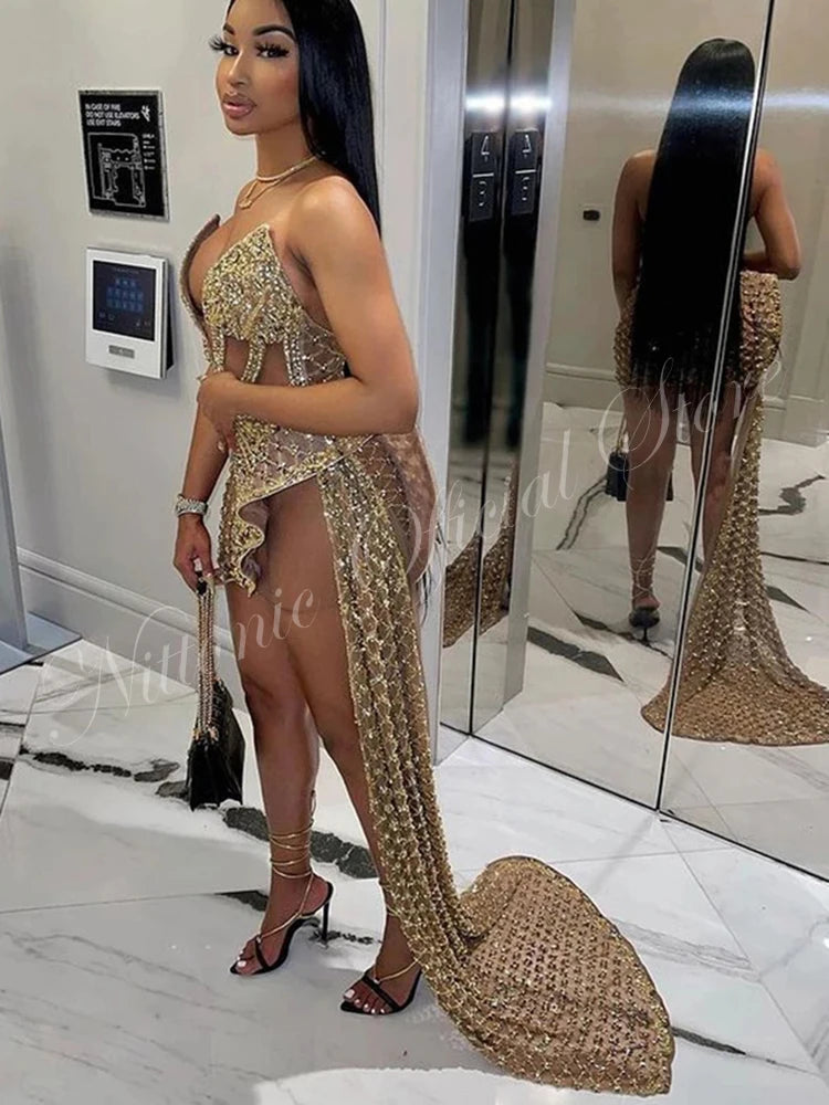 Luxury Illusion Prom Dresses for Woman Floor-Length Asymmetrical with Lace Sequin Formal Occasion Party Evening Elegant New