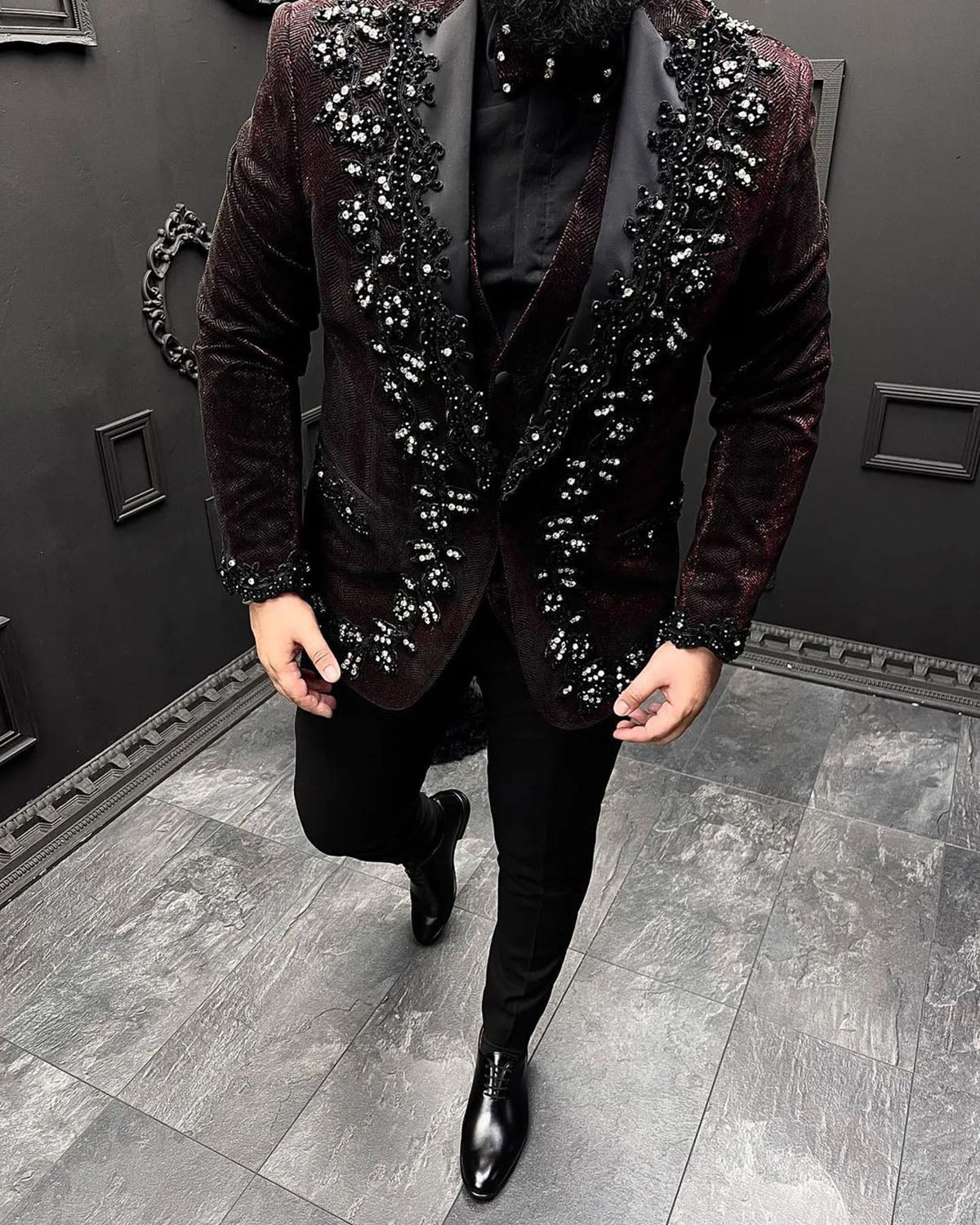 Men Suit Tailor-Made 3 Pieces Blazer Vest Pants One Button Appliques Sequins Beads Formal BusinessCausal Party