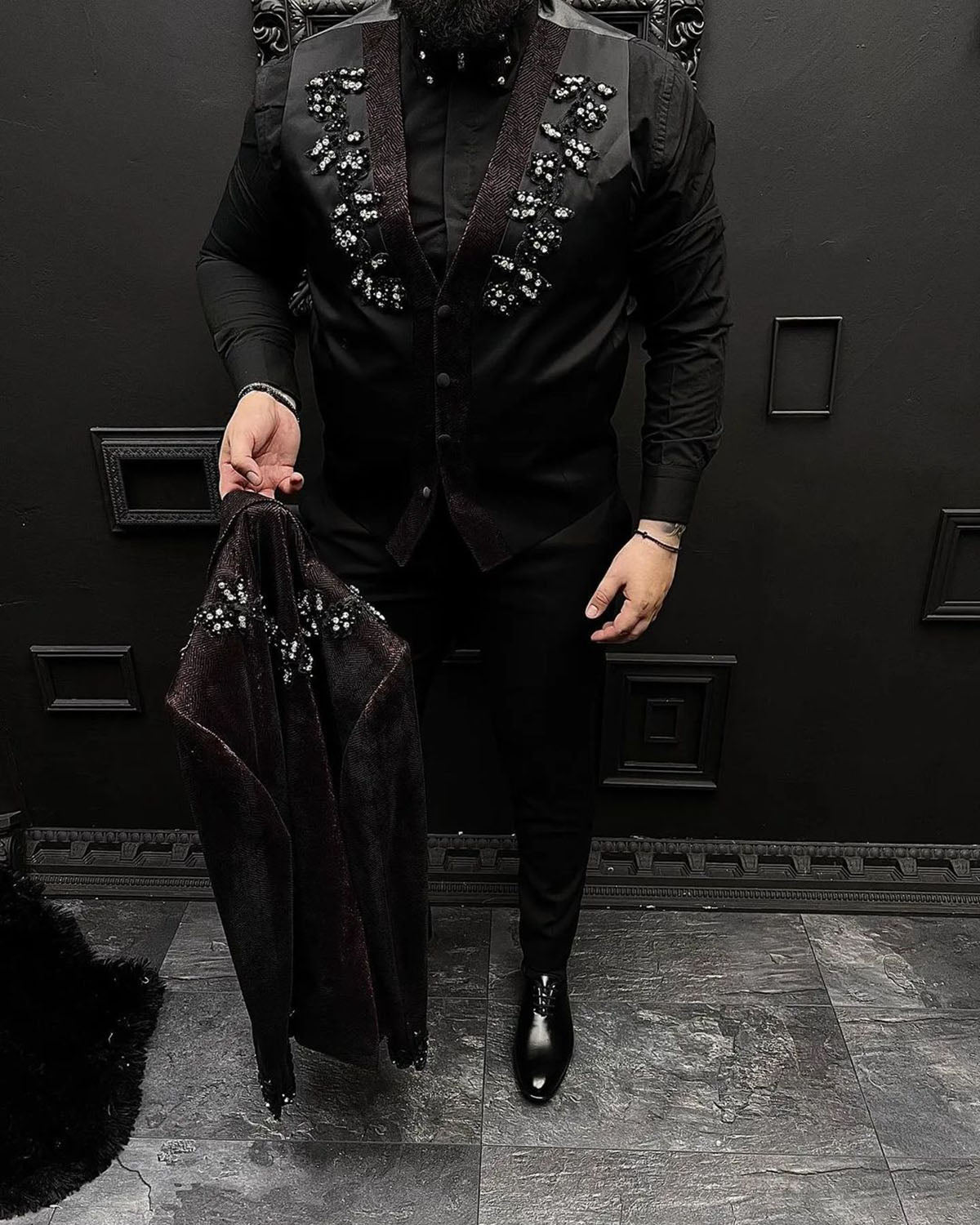 Men Suit Tailor-Made 3 Pieces Blazer Vest Pants One Button Appliques Sequins Beads Formal BusinessCausal Party