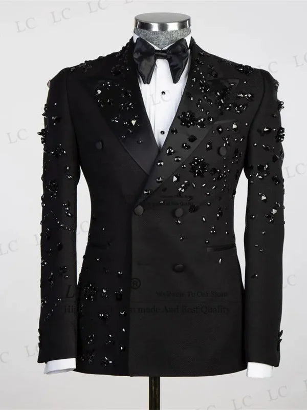 Luxury Men Suits Stylish 2 Pieces Blazer Pants One Button Peaked Lapel Beads DiamondFormal Slim Wedding Groom Plus Size Tailored
