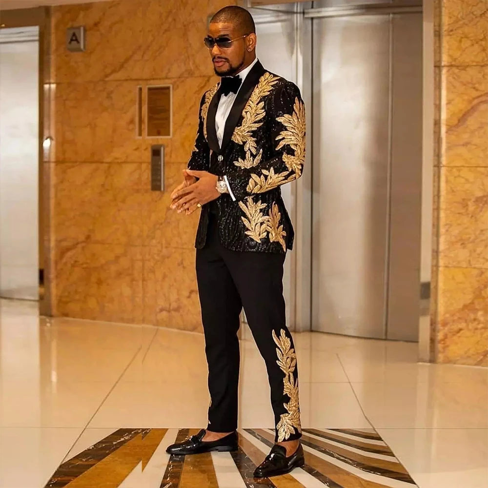 Luxury Men's Suits Formal Wedding Tuxedo Groom Wear Black Sparkly Sequins Blazer Pants 2 Pieces Prom Party Gold Appliques Coat