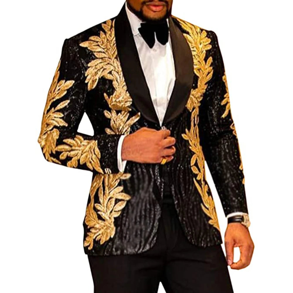Luxury Men's Suits Formal Wedding Tuxedo Groom Wear Black Sparkly Sequins Blazer Pants 2 Pieces Prom Party Gold Appliques Coat
