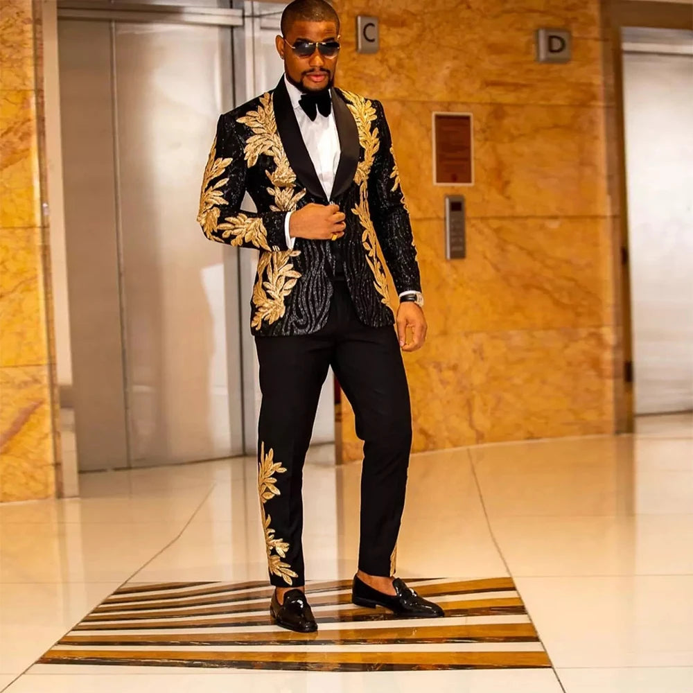 Luxury Men's Suits Formal Wedding Tuxedo Groom Wear Black Sparkly Sequins Blazer Pants 2 Pieces Prom Party Gold Appliques Coat