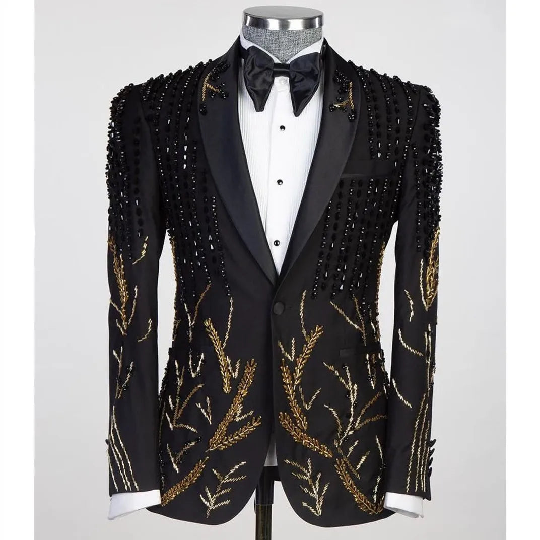 Luxury Men's Suits Tailored 2 Pieces Blazer Pants One Button Sheer Satin Lapel Appliques Beads Diamonds Custom Made Plus Size