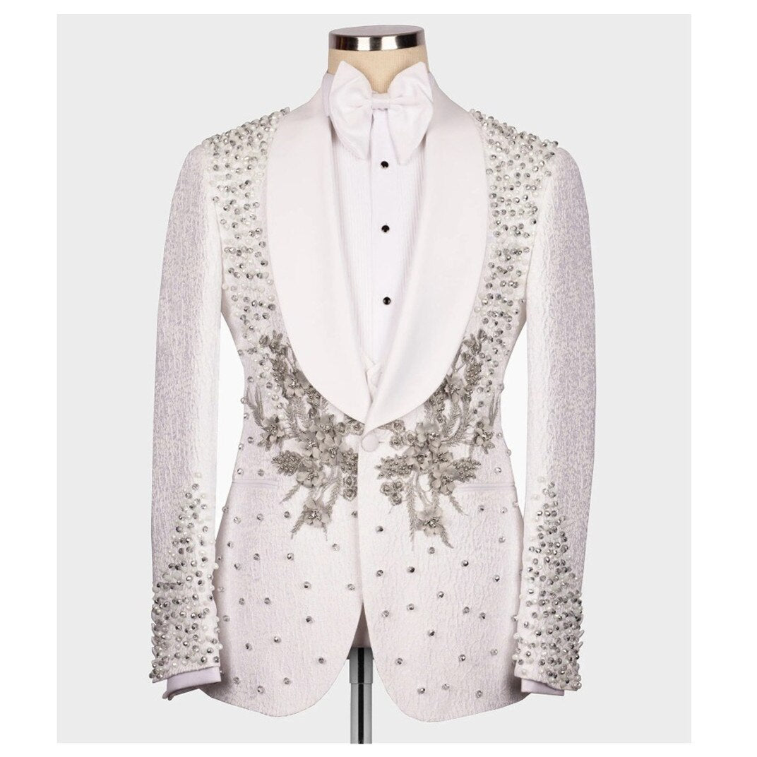 Men's Suits Tailored One Piece Blazer One Button Sheer Lapel Appliques Wedding Formal Pearls Beads Custom Made Plus Size