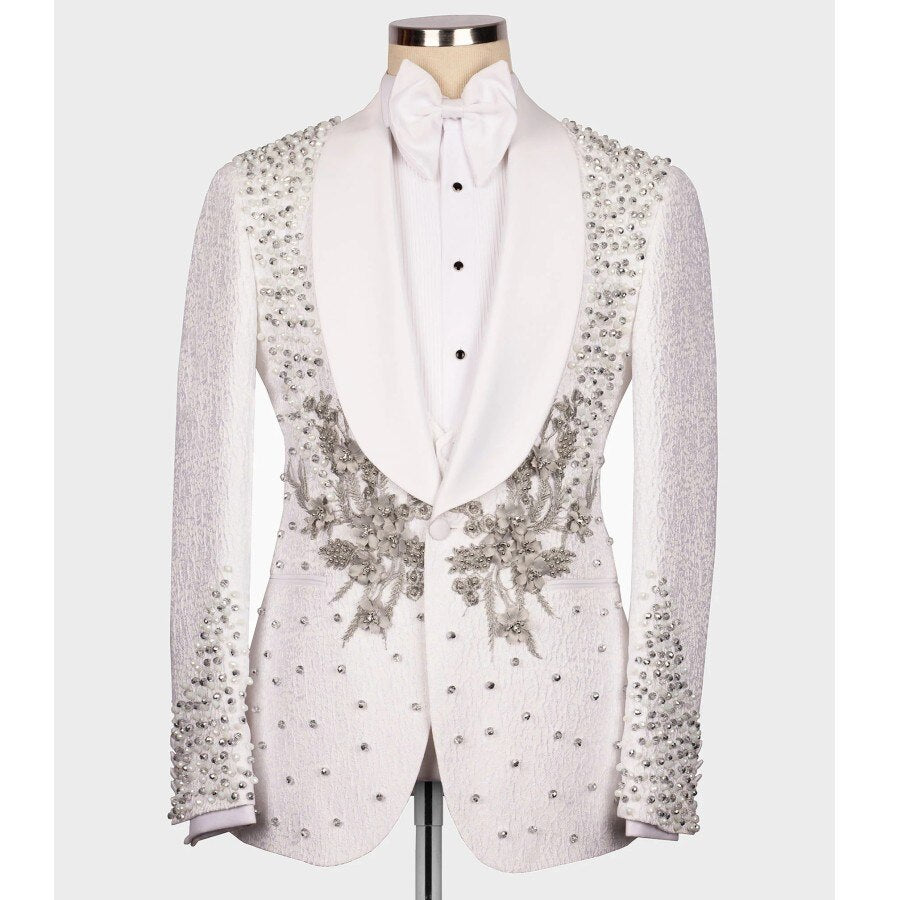 Men's Suits Tailored One Piece Blazer One Button Sheer Lapel Appliques Wedding Formal Pearls Beads Custom Made Plus Size