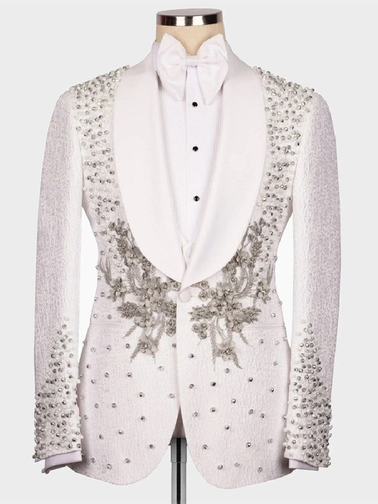 Men's Suits Tailored One Piece Blazer One Button Sheer Lapel Appliques Wedding Formal Pearls Beads Custom Made Plus Size