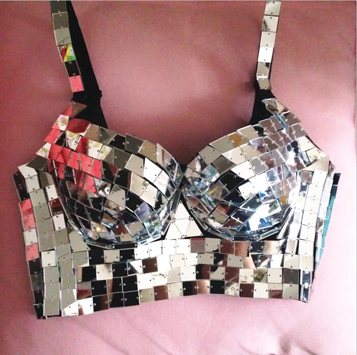 Luxury Mirror Costume Women Singer Costume Back Bodysuit Clothing Sets Reflective Halter Leotard Bra High Waist Short