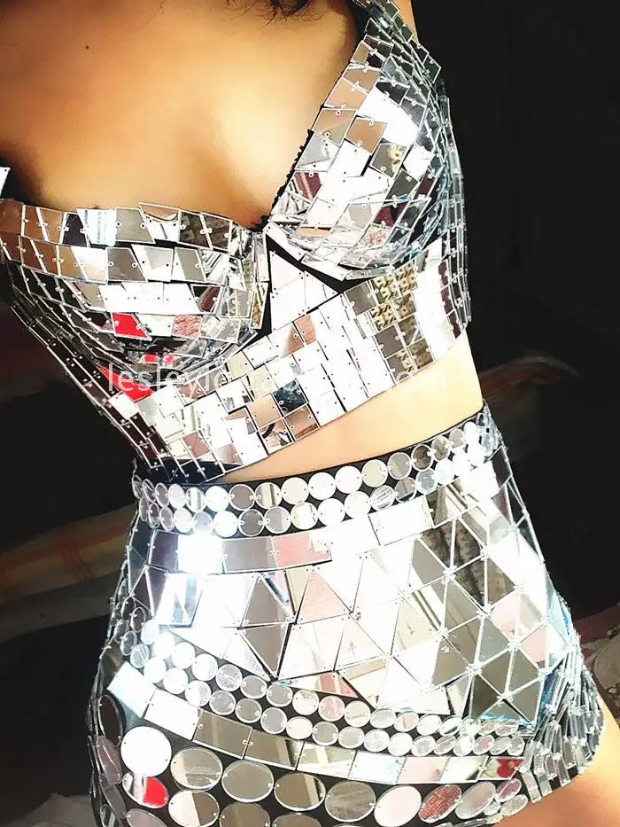 Luxury Mirror Costume Women Singer Costume Back Bodysuit Clothing Sets Reflective Halter Leotard Bra High Waist Short