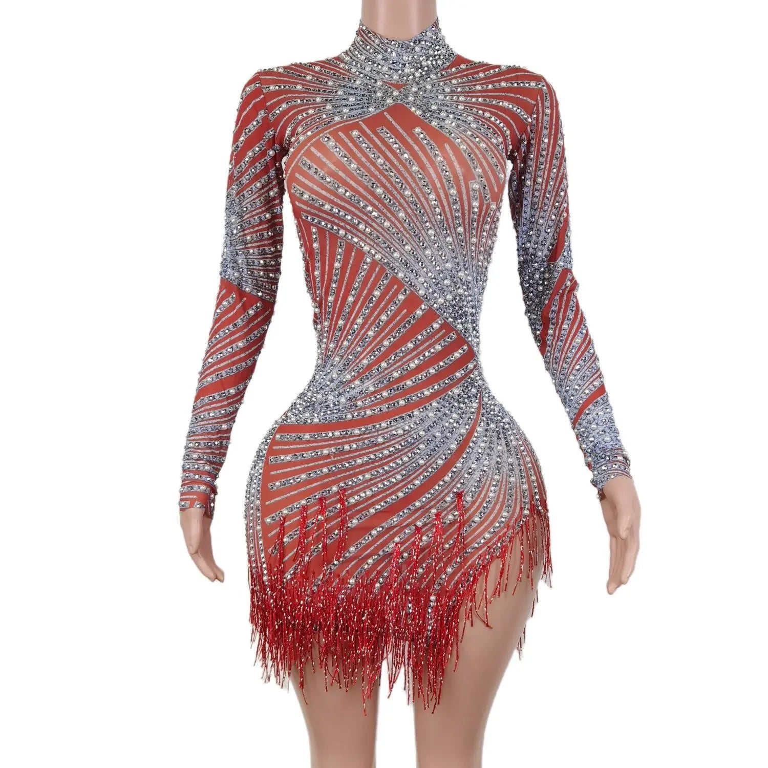 Luxury Prom Dresses for Women Pink Mini Skirt Sequins Rhinestone Tassel Womens Dress Vestido De Manga Larga