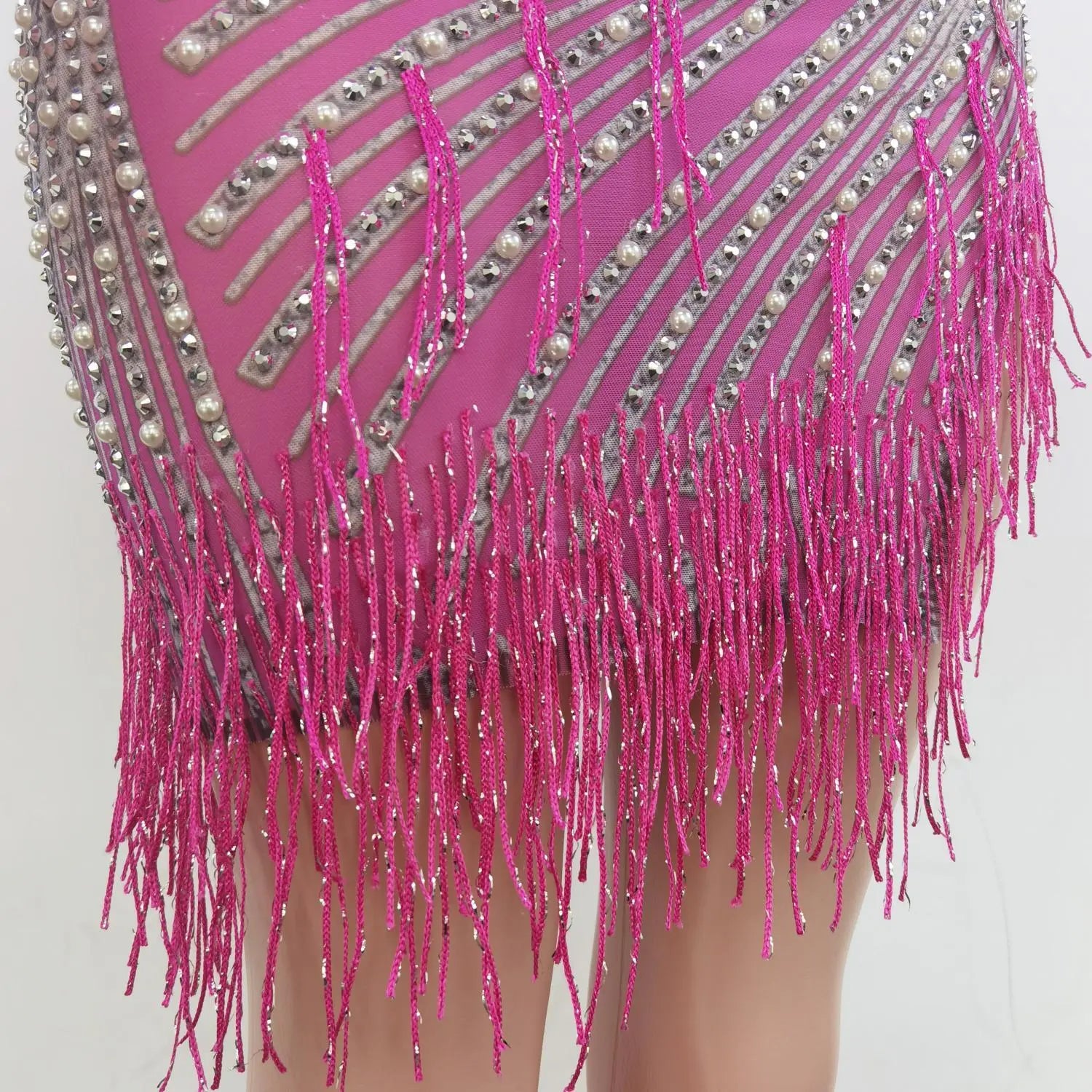 Luxury Prom Dresses for Women Pink Mini Skirt Sequins Rhinestone Tassel Womens Dress Vestido De Manga Larga