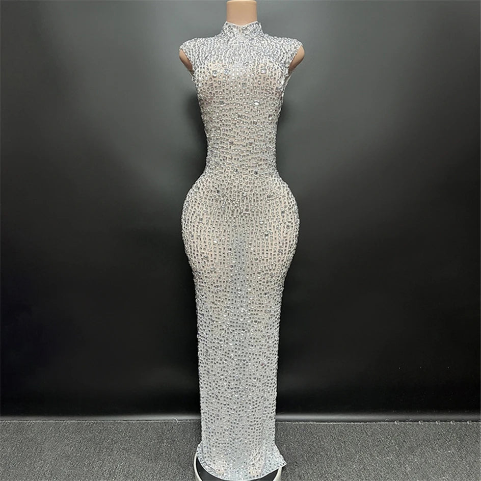 Luxury Rhinestone Black Sexy See Through Backless Sheath Dress Evening Party Performance Bar Nightclub Singer Dancer Stage Wear