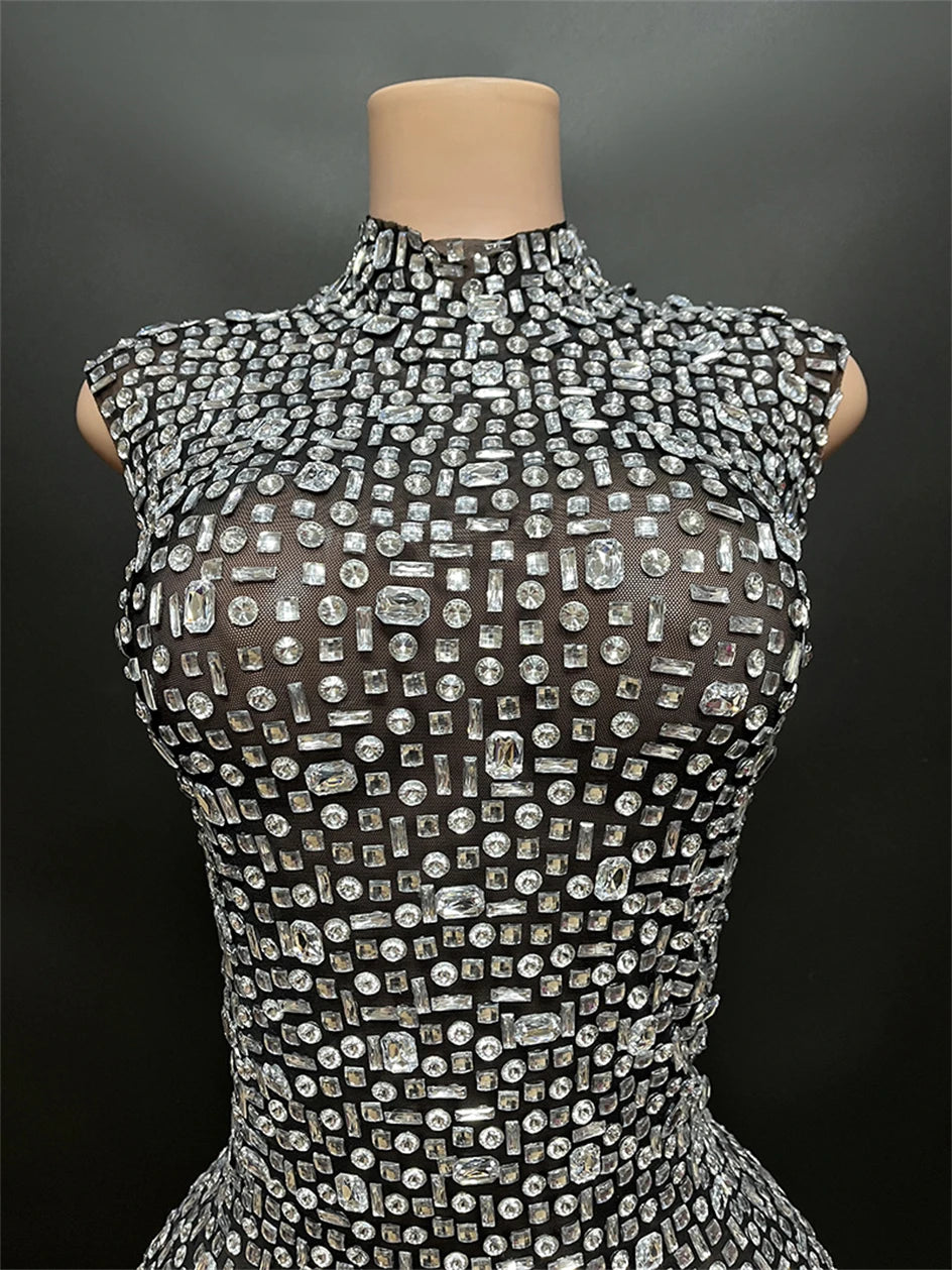 Luxury Rhinestone Black Sexy See Through Backless Sheath Dress Evening Party Performance Bar Nightclub Singer Dancer Stage Wear