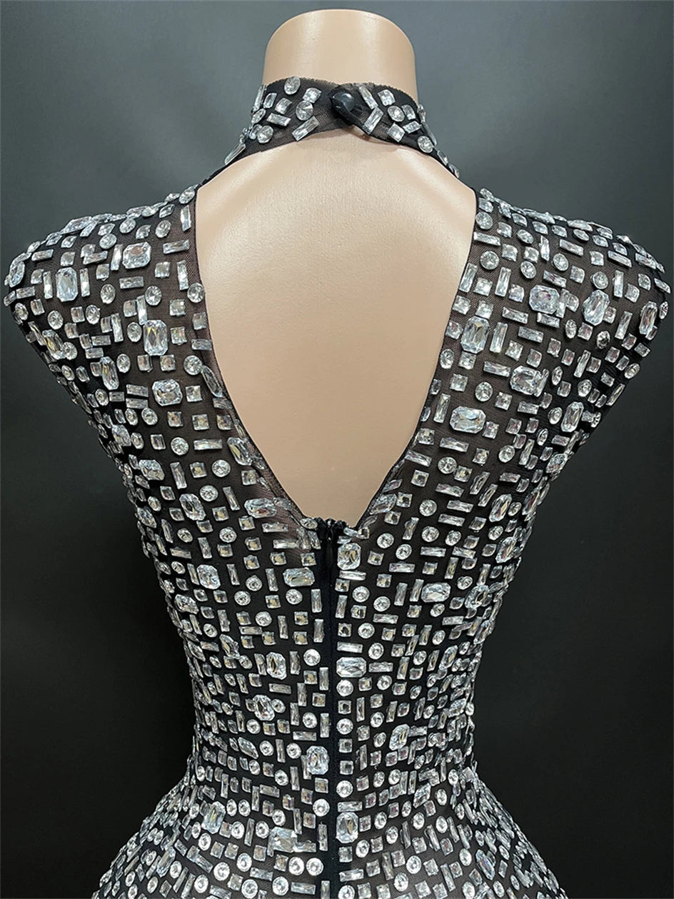 Luxury Rhinestone Black Sexy See Through Backless Sheath Dress Evening Party Performance Bar Nightclub Singer Dancer Stage Wear