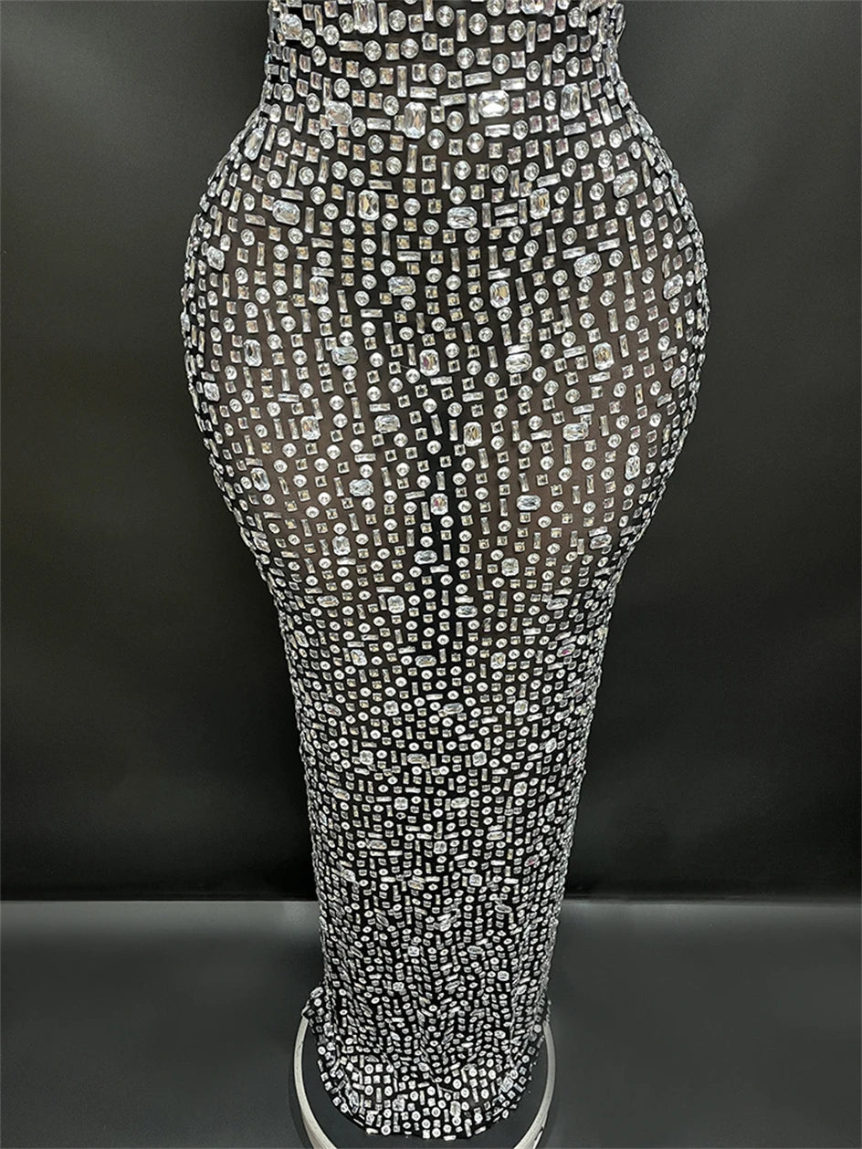 Luxury Rhinestone Black Sexy See Through Backless Sheath Dress Evening Party Performance Bar Nightclub Singer Dancer Stage Wear